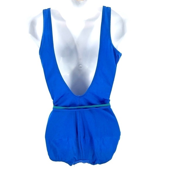 Vintage 80’s Ebb Tide One Piece Swimsuit Belted Bathing Suit Blue Pinup L / 16 - Picture 4 of 11